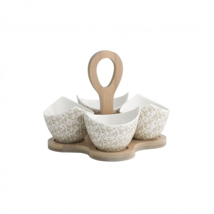 ANTIPASTIERA - SET 4 PEZZI - RICCIOLI DI FATA - PORCELLANA CON SUPPORTO IN BAMBOO NATURALE - BRANDANI ANTIPASTIERA - SET 4 PEZZI - RICCIOLI DI FATA - PORCELLANA CON SUPPORTO IN BAMBOO NATURALE - BRANDANI