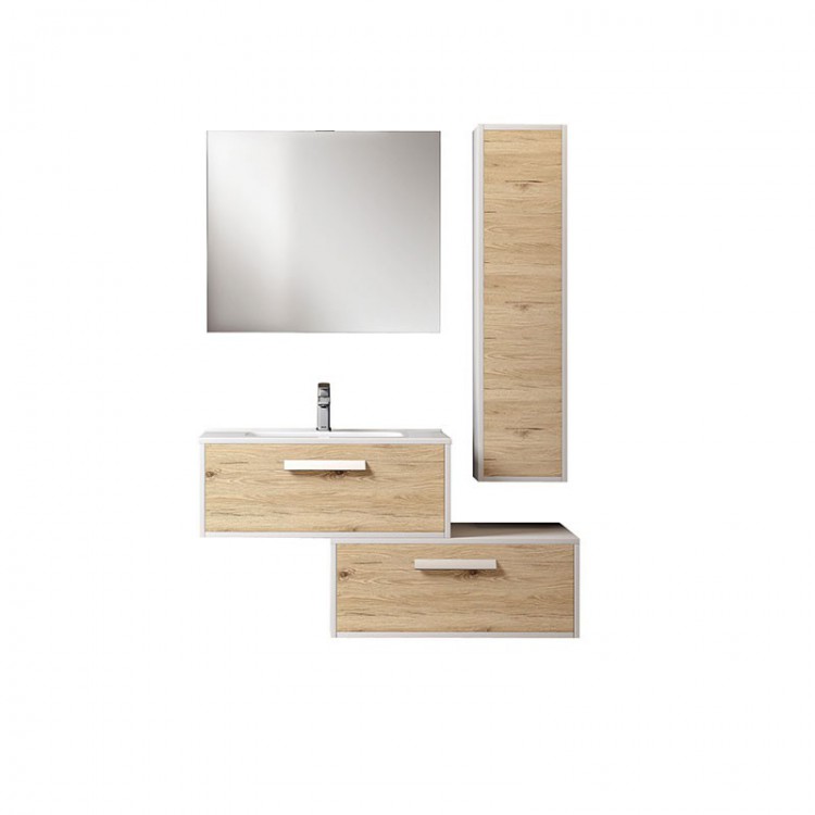 COMPOSIZIONE BAGNO - 2 CASSETTI 1 COLONNA - BIANCO LUCIDO/QUERCIA NATURALE - LINEA LUNA