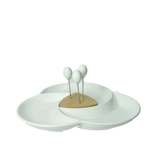 ANTIPASTIERA SPICCHIO DI LUNA PORCELLANA/BAMBOO C/3 FORCH INOX 51674 BRANDANI