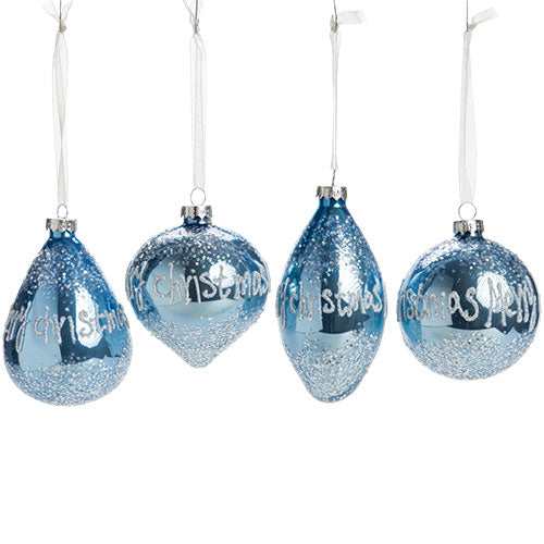 APPENDINI IN VETRO "MERRY CHRISTMAS" AZZURRO POLVERE CON GLITTER VARIE FORME 10070584 SILANI