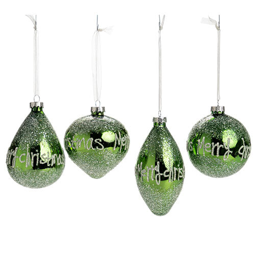 APPENDINI IN VETRO "MERRY CHRISTMAS"  VERDE BOSCO CON GLITTER VARIE FORME 10070582 SILANI