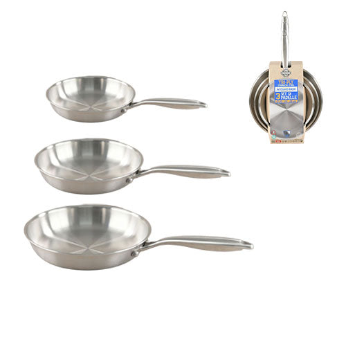 SET 3 PADELLE 20/24/28 IN ACCIAIO INOX TRI-PLY INDUCTION GMD