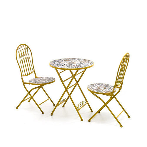 TAVOLO CON 2 SEDIE "CAPRI" Ø 60 CM MAIOLICHE OCRA #cat