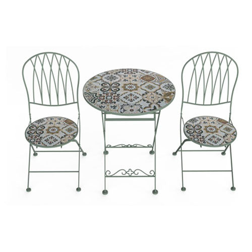 TAVOLO CON 2 SEDIE "CAPRI" Ø 60 CM MAIOLICHE VERDE SALVIA #cat